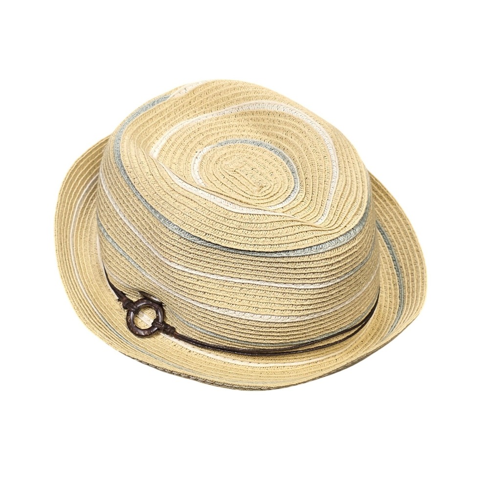 C.C Exclusives Straw Fedora Hat Women's Beige Blue Striped Summer Beach Sun Hat